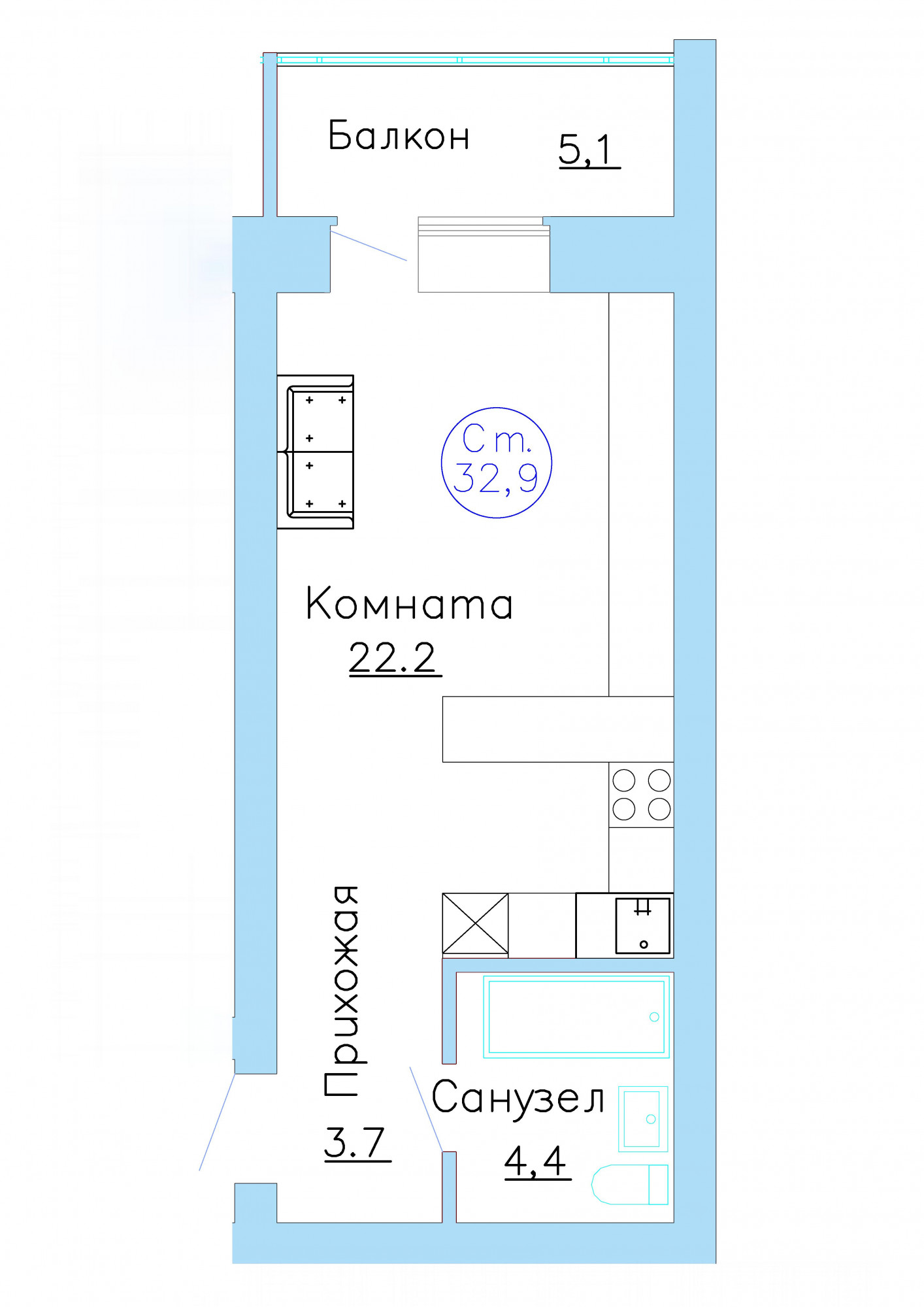 Планировка: Студия 32.9 м² в ЖК Листопад, От Слободы до Комарово парк